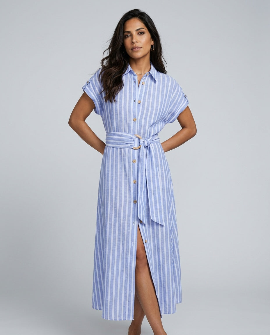 Willa | Striped Linen-Blend Belted Maxi Dress