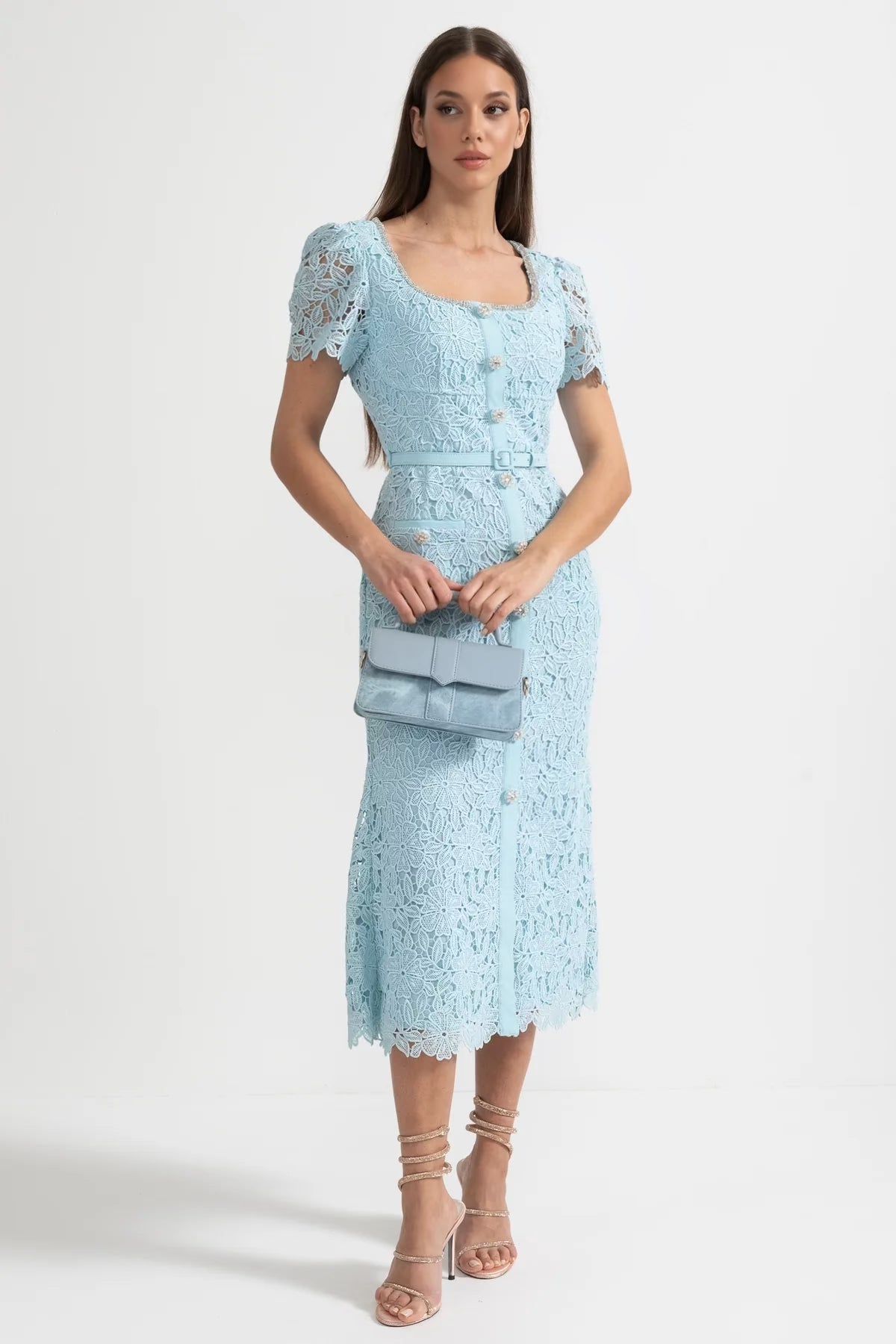 Azure | Baby Blue Lace-Trim Midi Dress