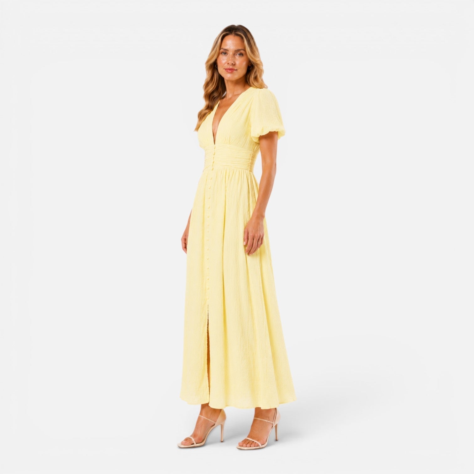 Everly | Deep V-Neck Puff Sleeve Formal Maxi Dress