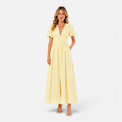 Everly | Deep V-Neck Puff Sleeve Formal Maxi Dress