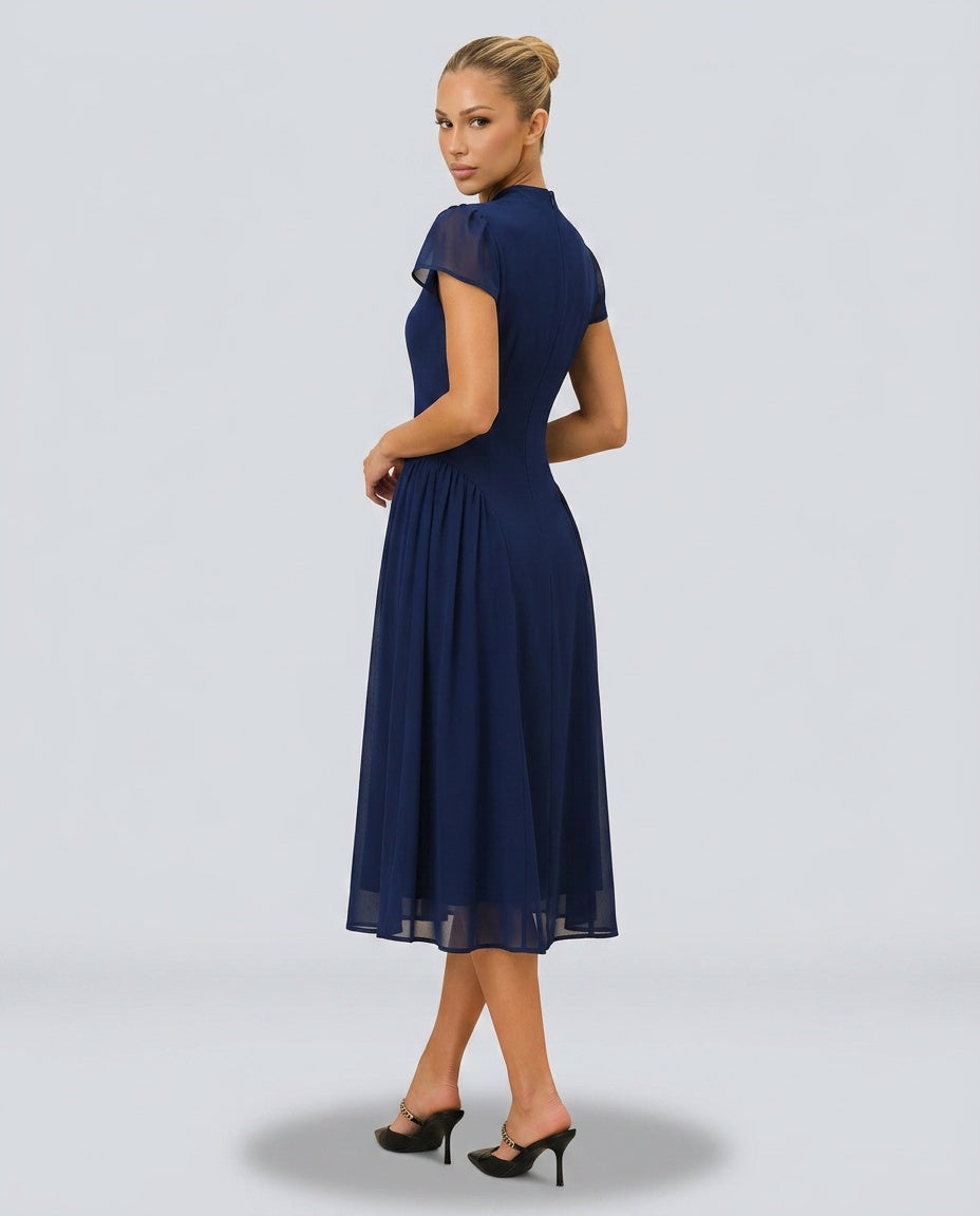 Anouk | Puffed Sleeve Blue Midi Dress