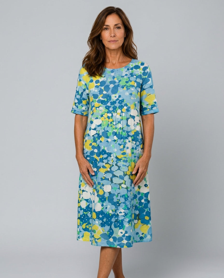 Valentina | Abstract Floral Cotton-Linen Midi Dress