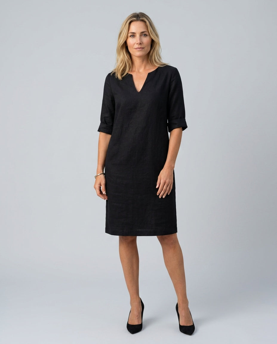 Celeste | V-Neck 3/4 Sleeve Linen-Look Midi Dress