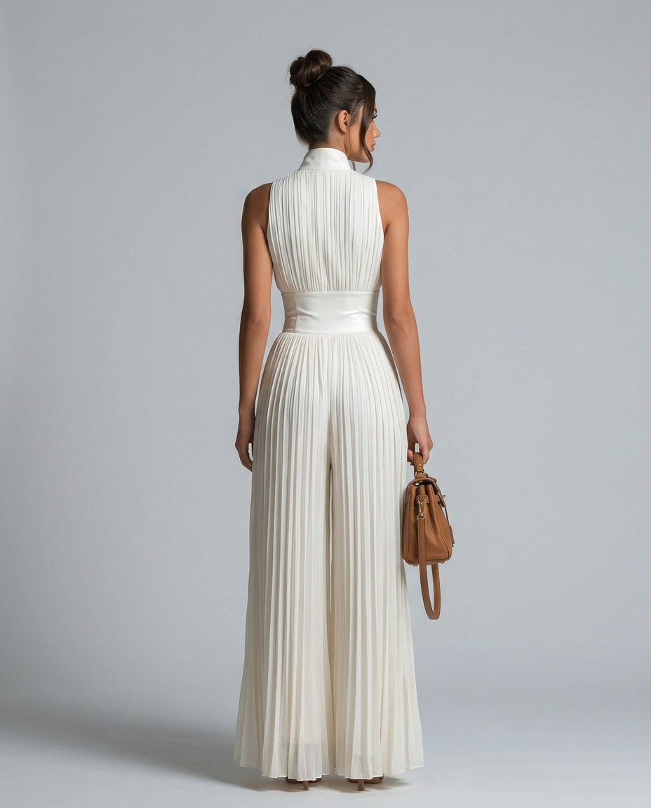 Celara | Pleated Wide-Leg Chiffon Jumpsuit