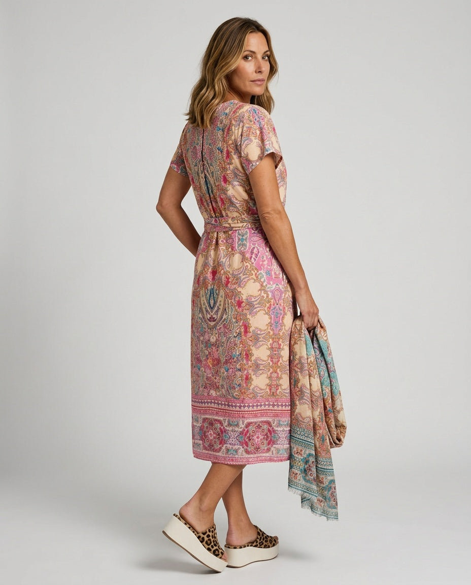 Maeve | Printed V-Neck Short Sleeve Midi Dress