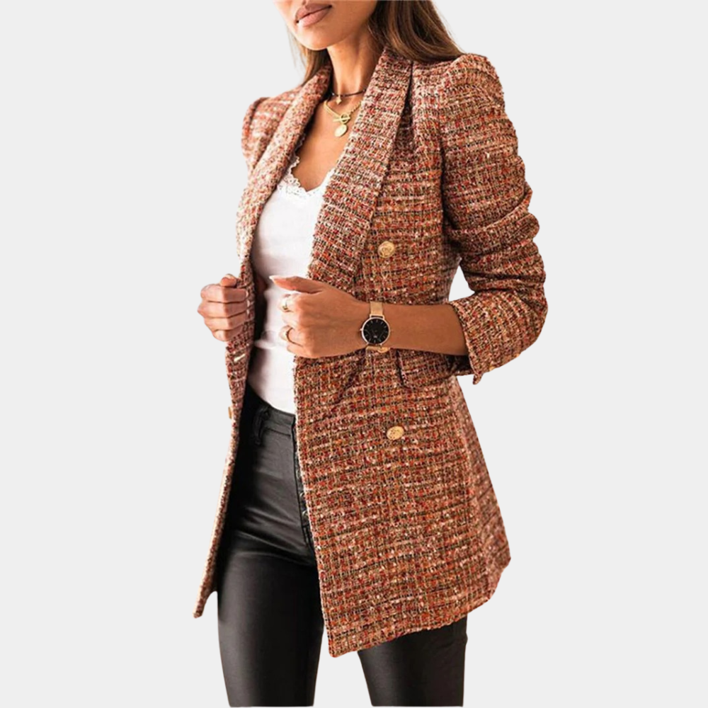 Faye | Long Checked Gold Button Blazer