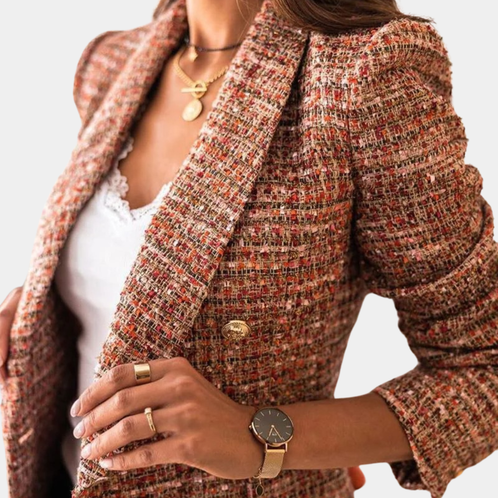 Faye | Long Checked Gold Button Blazer