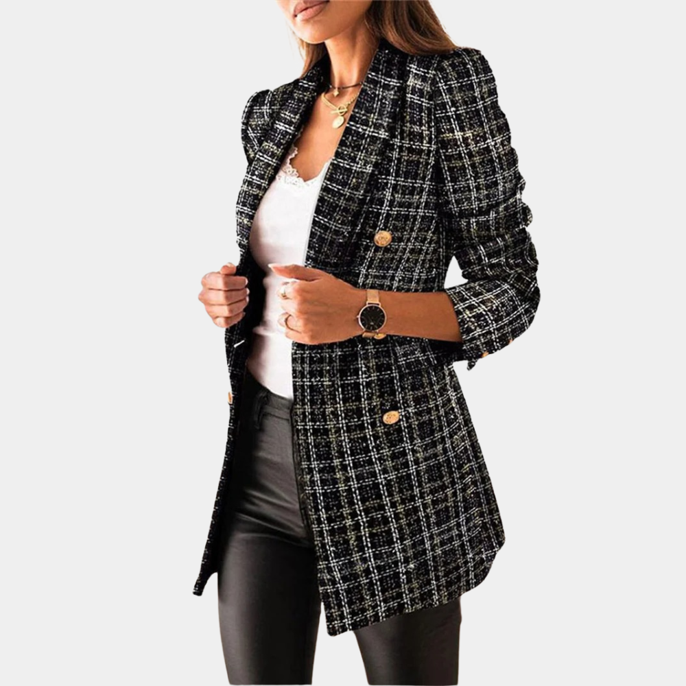 Faye | Long Checked Gold Button Blazer
