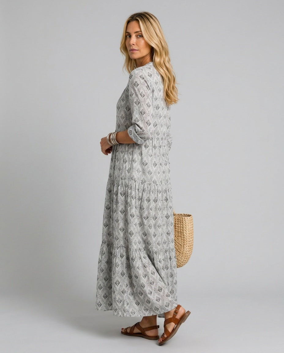 Maeve | Notch Neck Printed Long Sleeve Maxi Dress