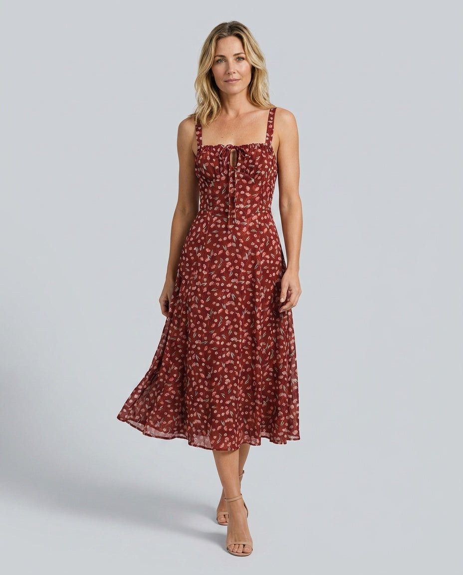Leona | Floral Print Spaghetti Strap Midi Dress