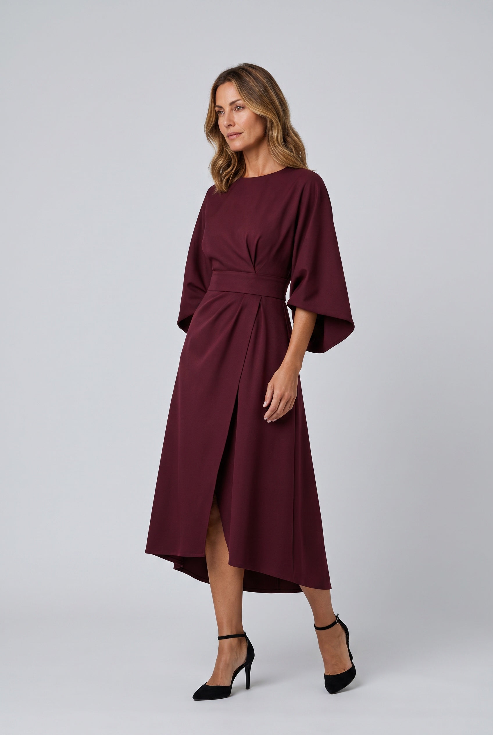 Esme | Wide Sleeve Belted Round Neck Midi Dress