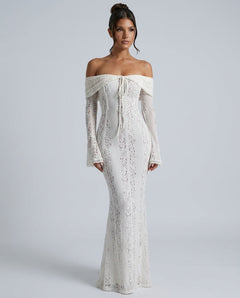 Odélie | Off-Shoulder Lace Fluted Cuff Maxi Dress
