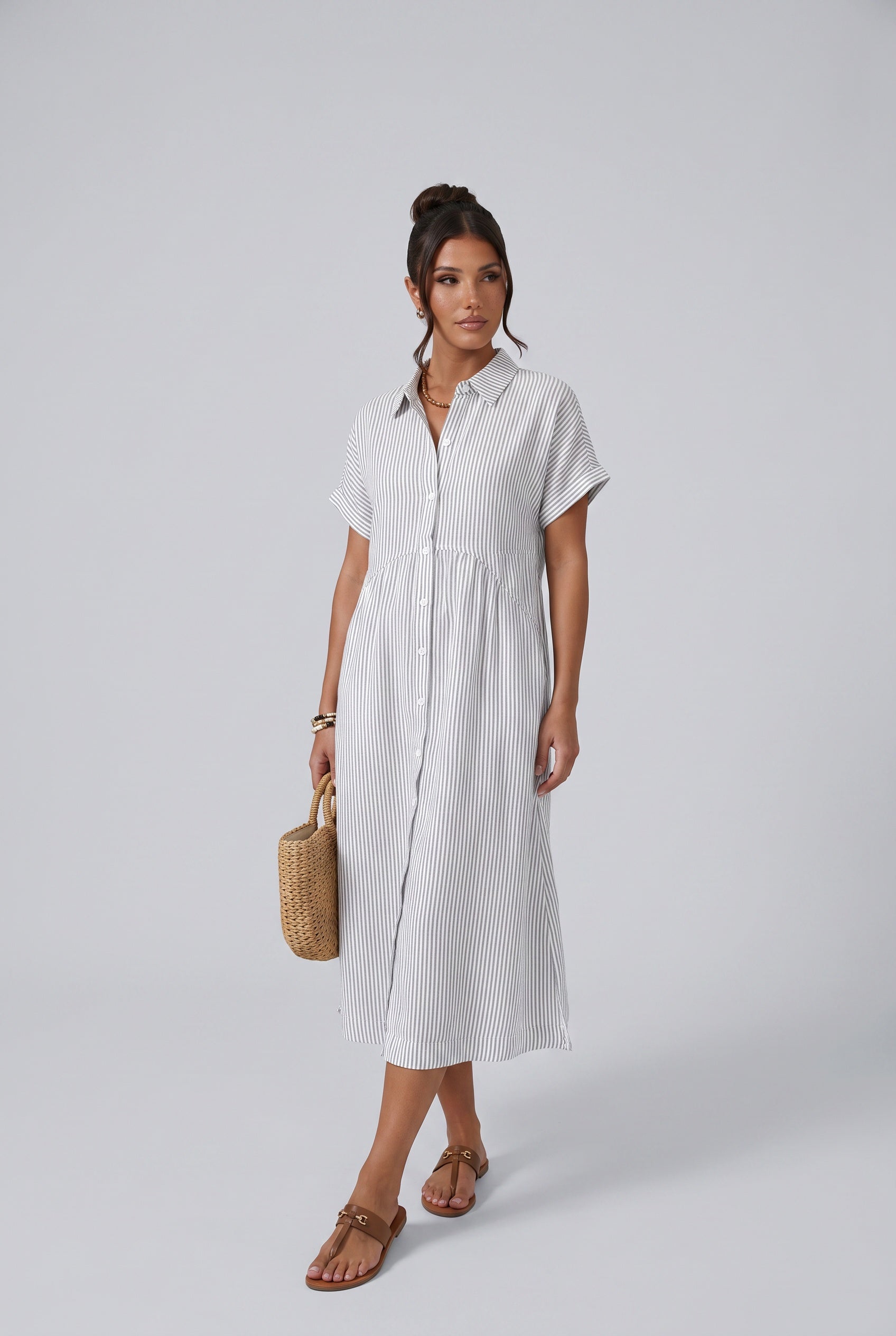 Riley | Striped Button-Up Midi Shirt Dress