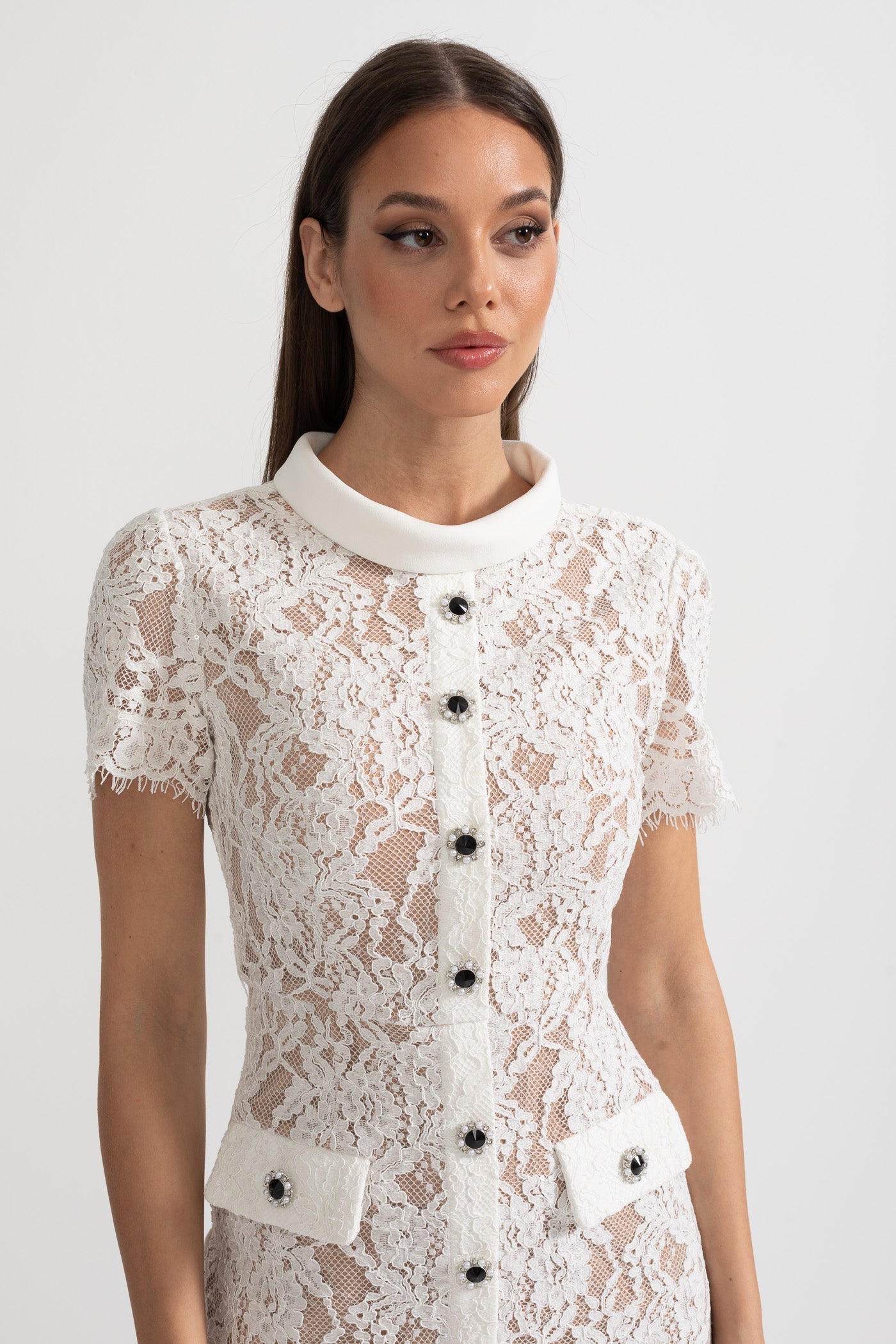 Viola | Short Sleeve Lace Belted Midi Dress