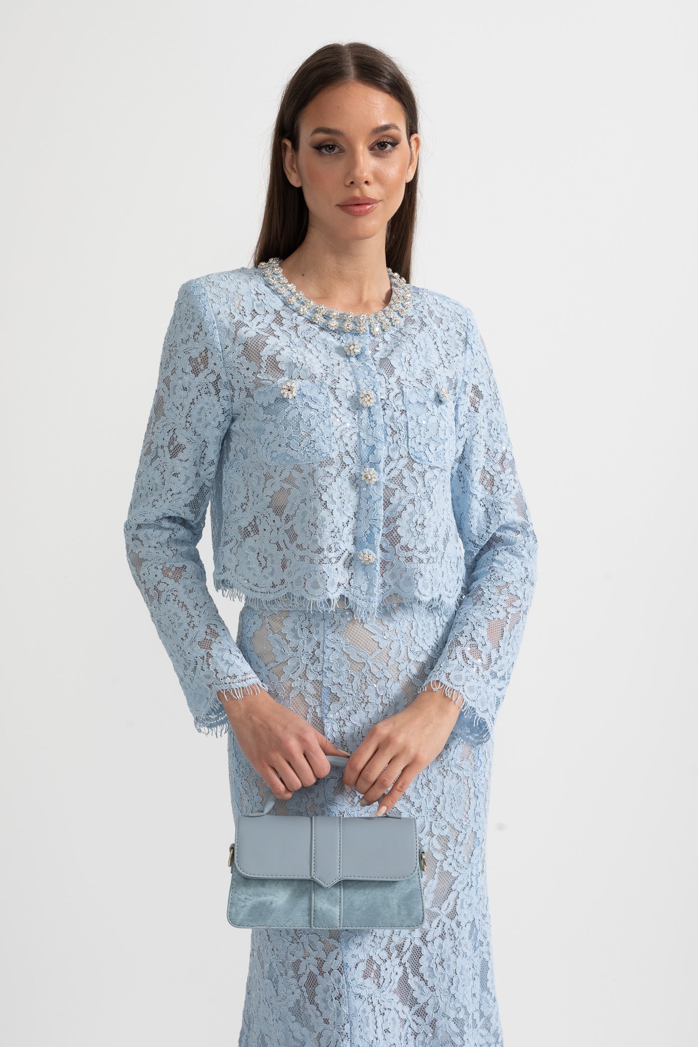 Seraphina | Lace Co-Ord Sparkling Neckline Midi Skirt Set