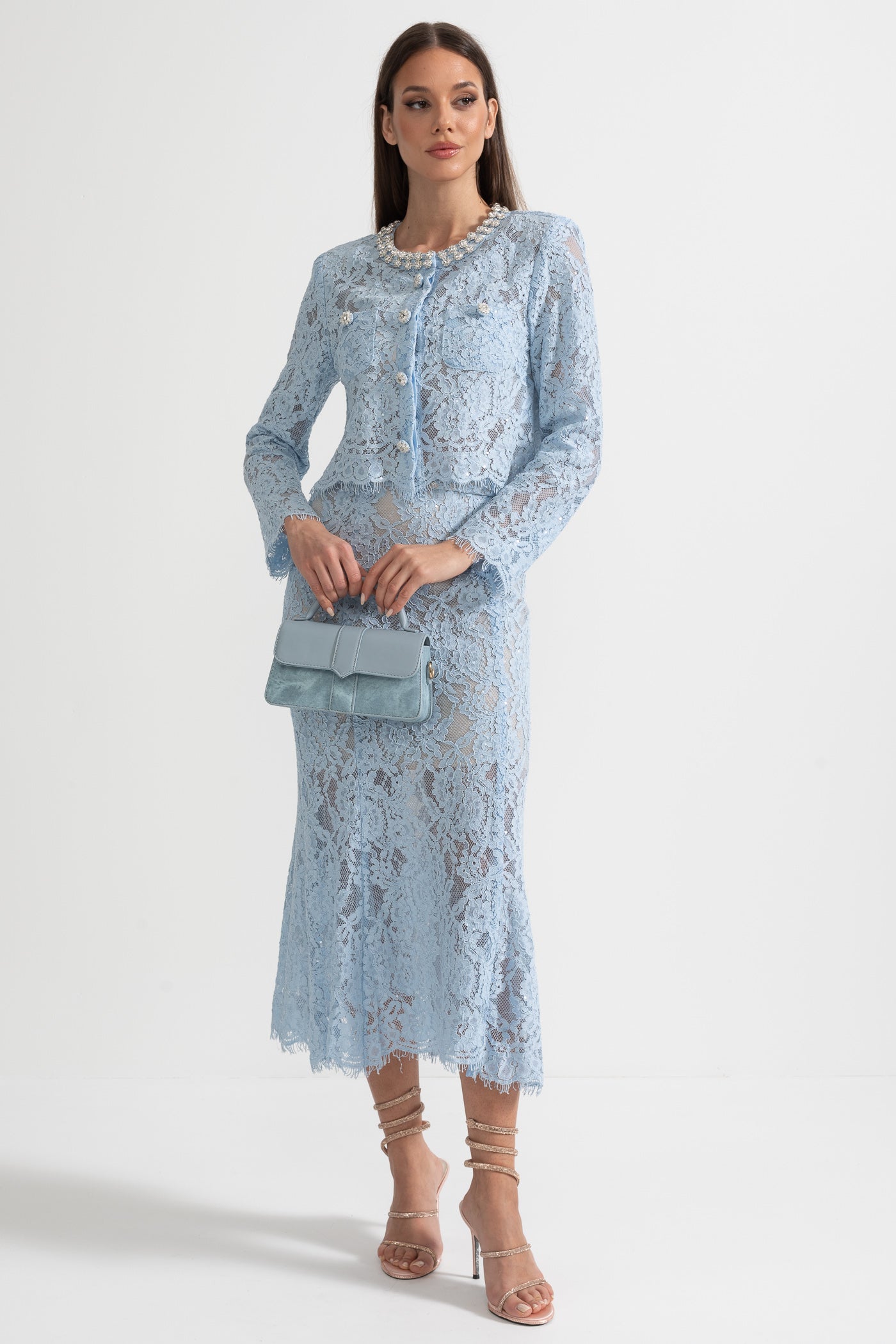Seraphina | Lace Co-Ord Sparkling Neckline Midi Skirt Set