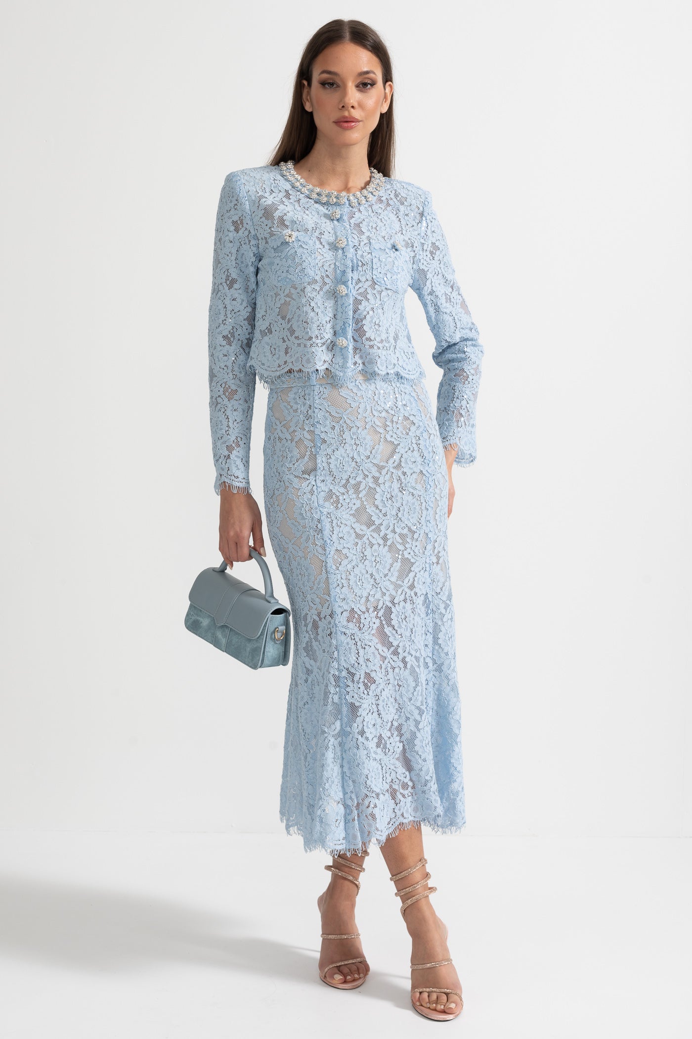 Seraphina | Lace Co-Ord Sparkling Neckline Midi Skirt Set