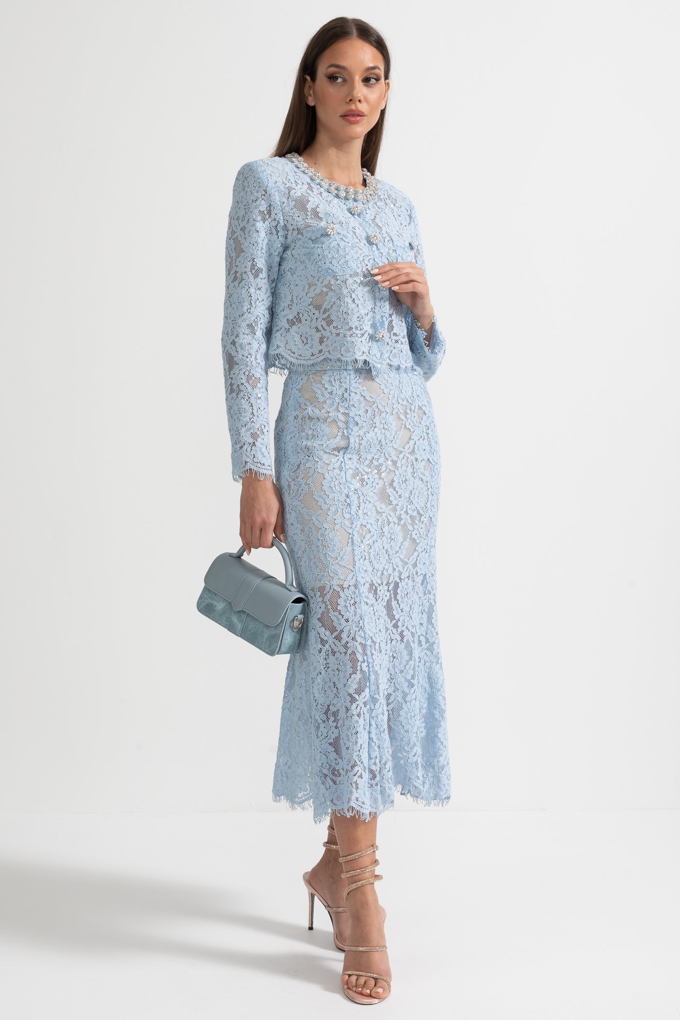 Seraphina | Lace Co-Ord Sparkling Neckline Midi Skirt Set