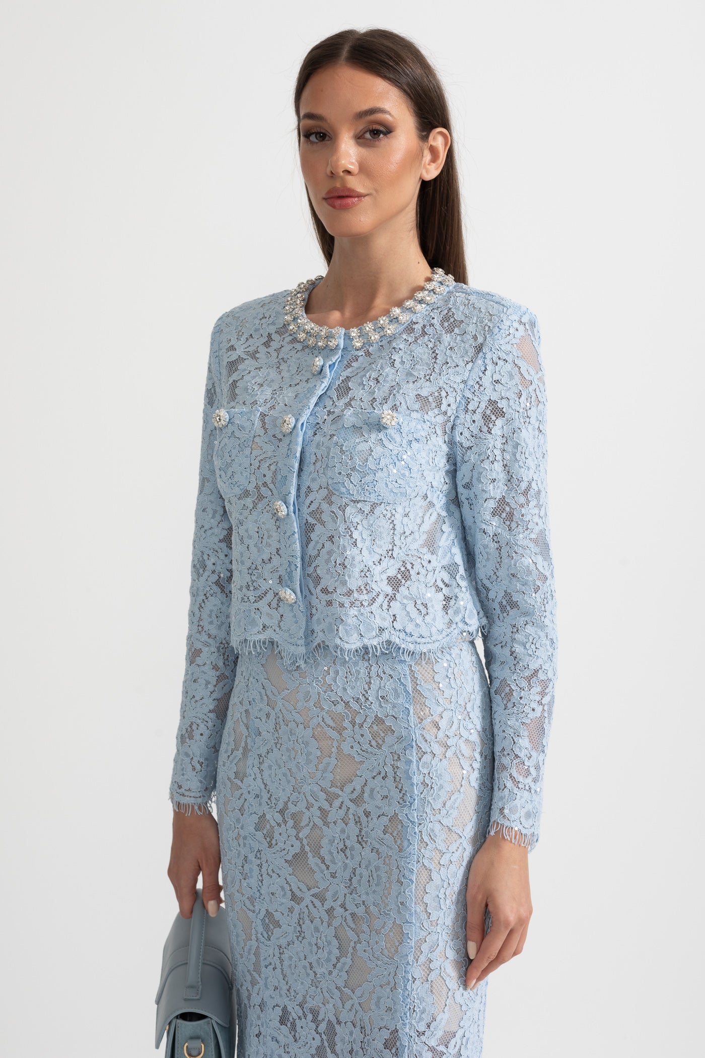 Seraphina | Lace Co-Ord Sparkling Neckline Midi Skirt Set