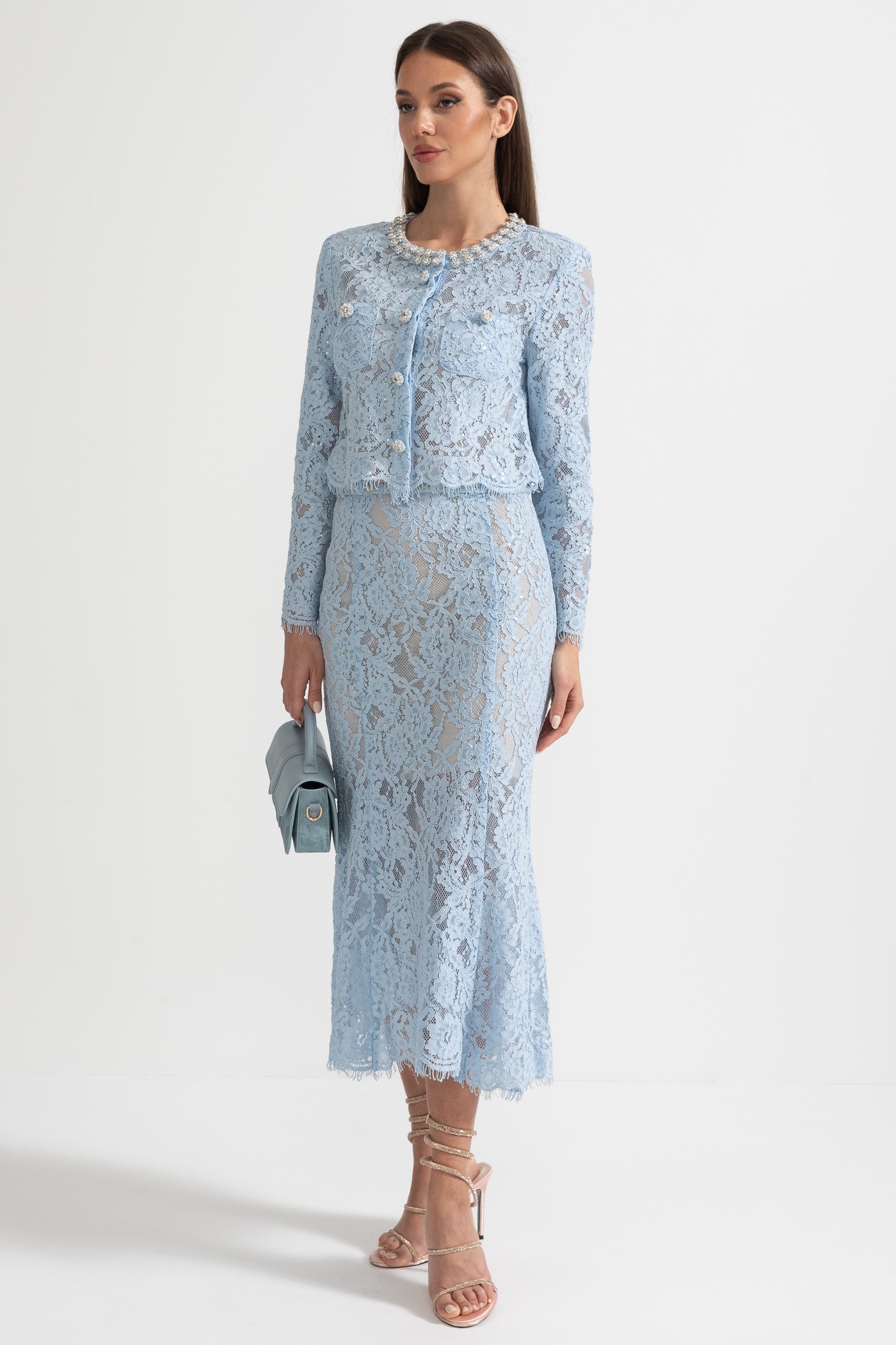 Seraphina | Lace Co-Ord Sparkling Neckline Midi Skirt Set
