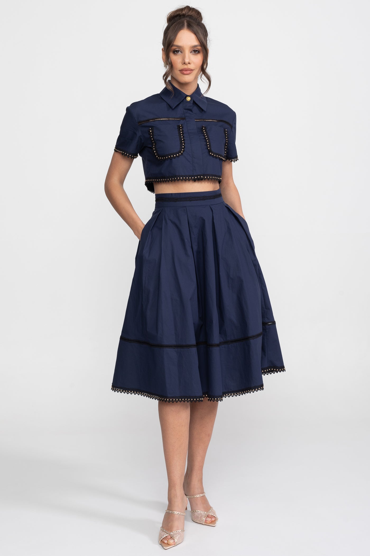 Edith | Broderie-Trim Cropped Shirt & Midi Skirt Set