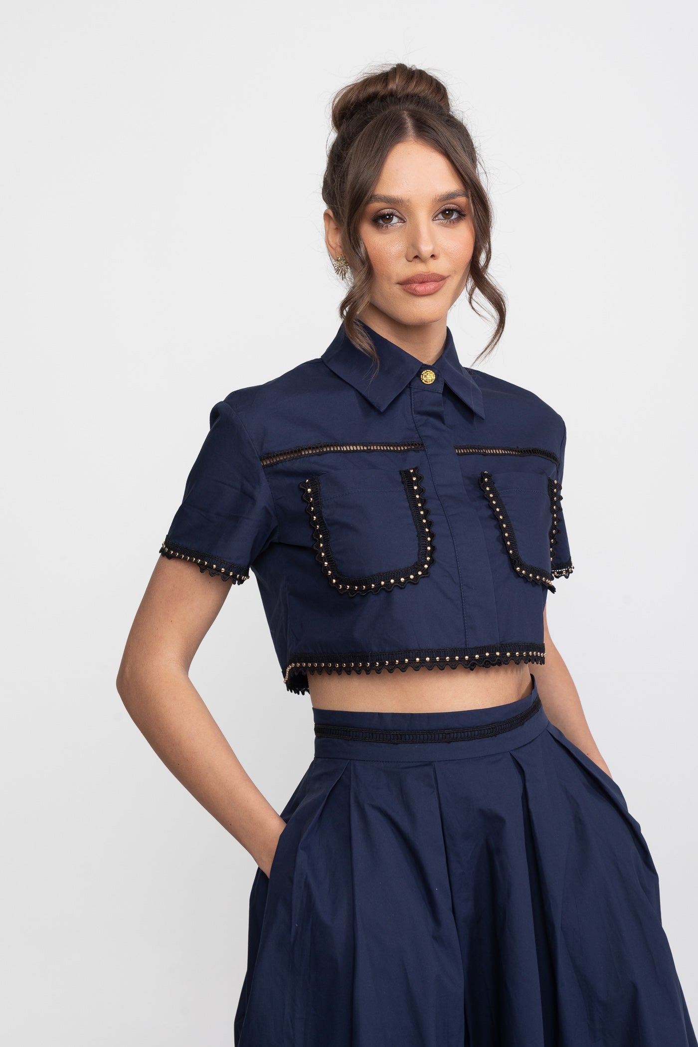 Edith | Broderie-Trim Cropped Shirt & Midi Skirt Set