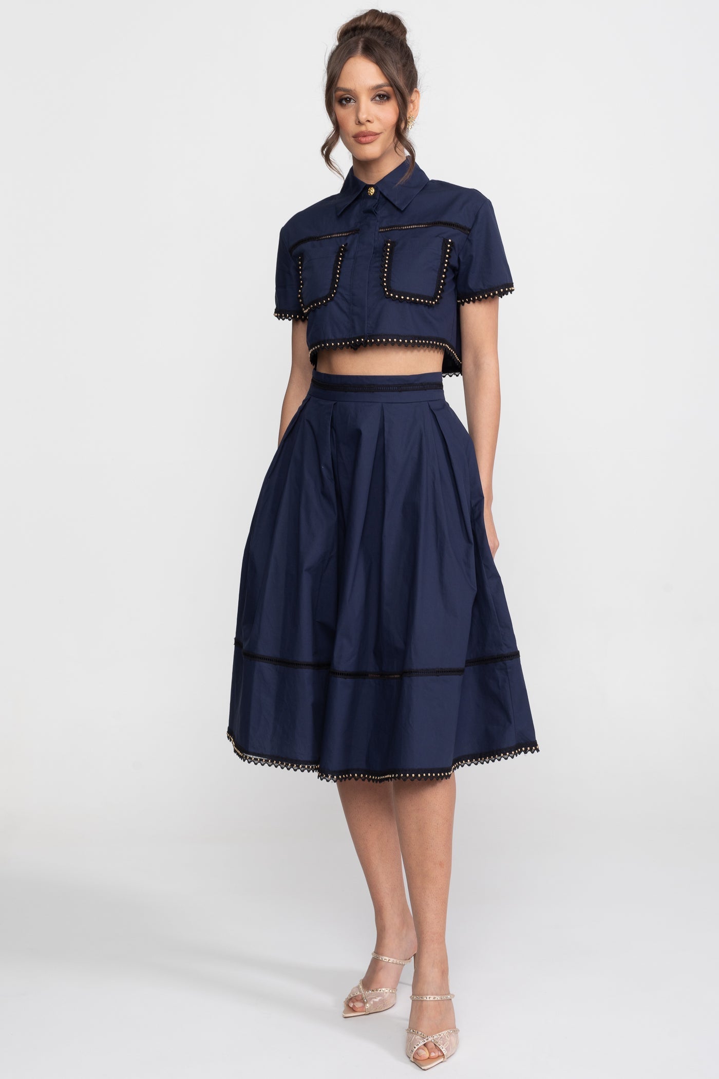 Edith | Broderie-Trim Cropped Shirt & Midi Skirt Set