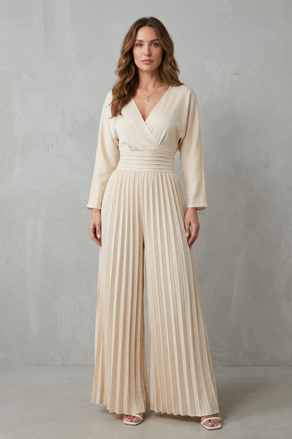 Cleona | Pleated Wide-Leg Satin Jumpsuit