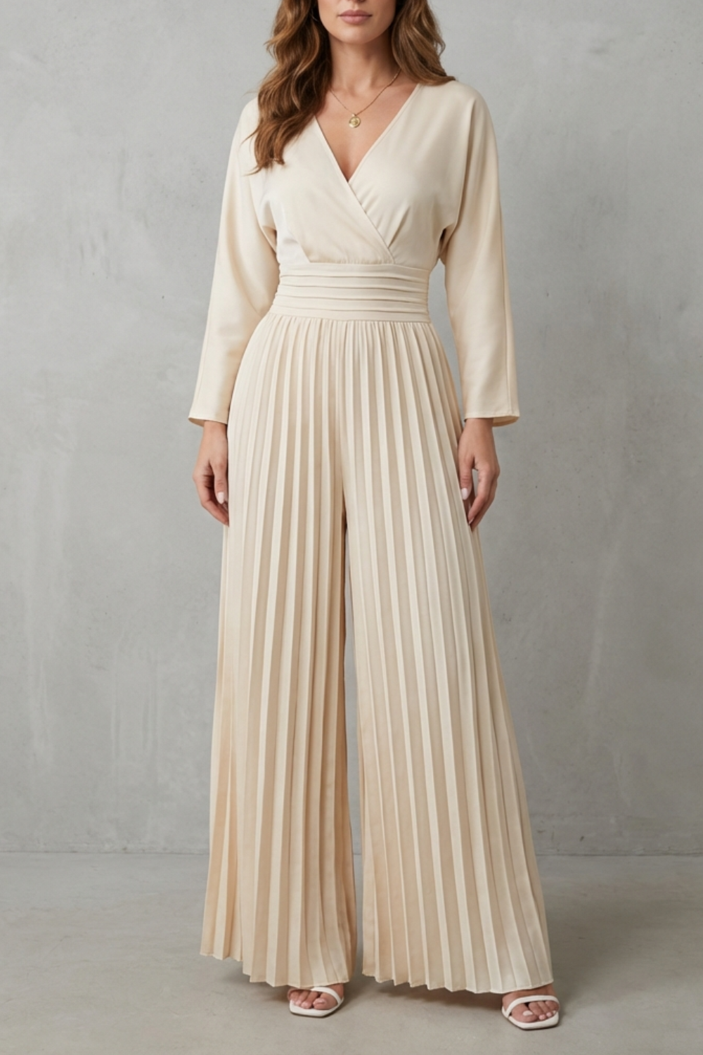 Cleona | Pleated Wide-Leg Satin Jumpsuit
