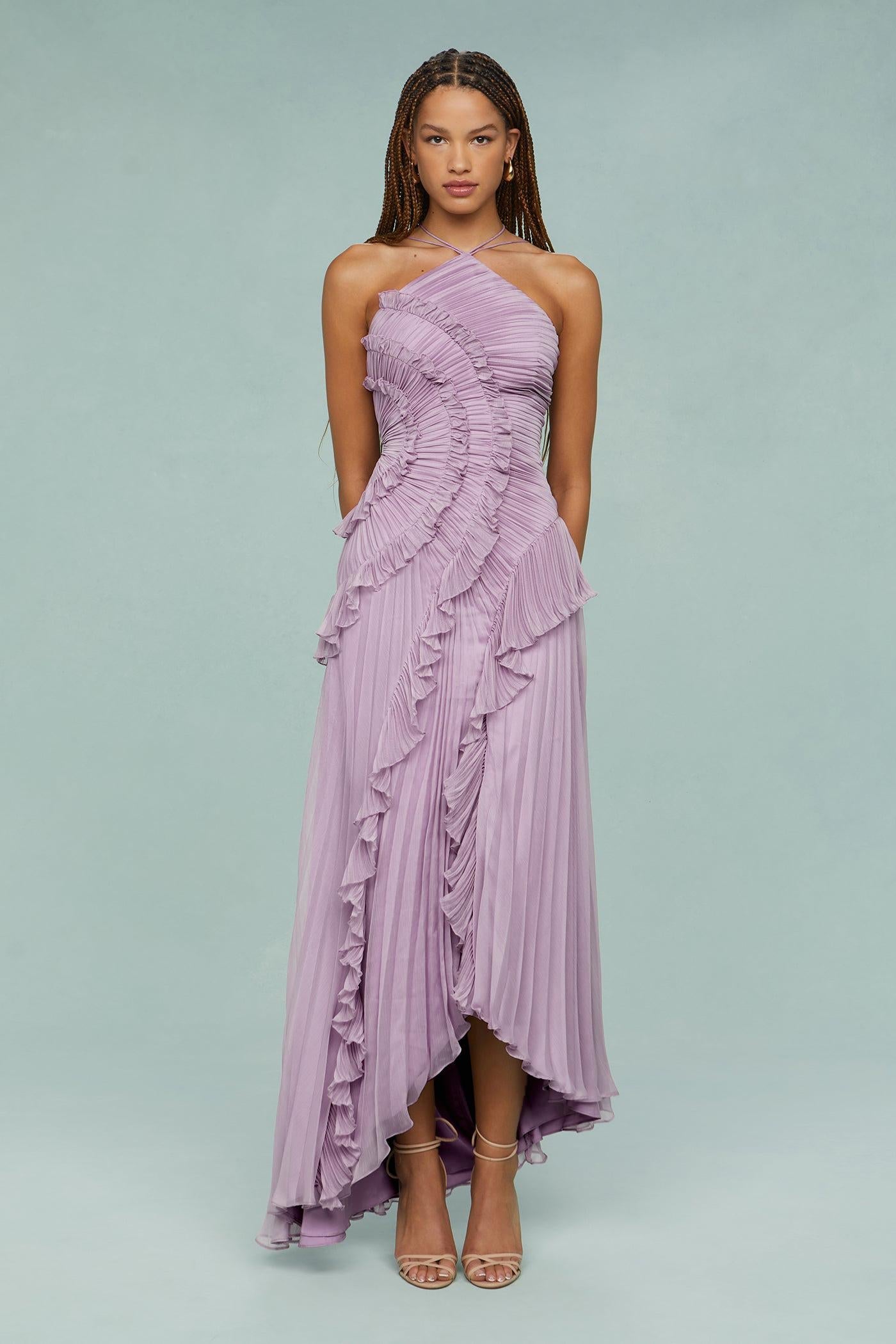 Oriel | Pleated Frill Halter Neck Midi Dress