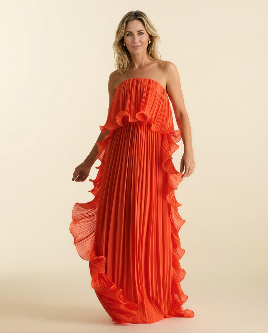 Ada | Chiffon Pleated Frill Maxi Dress