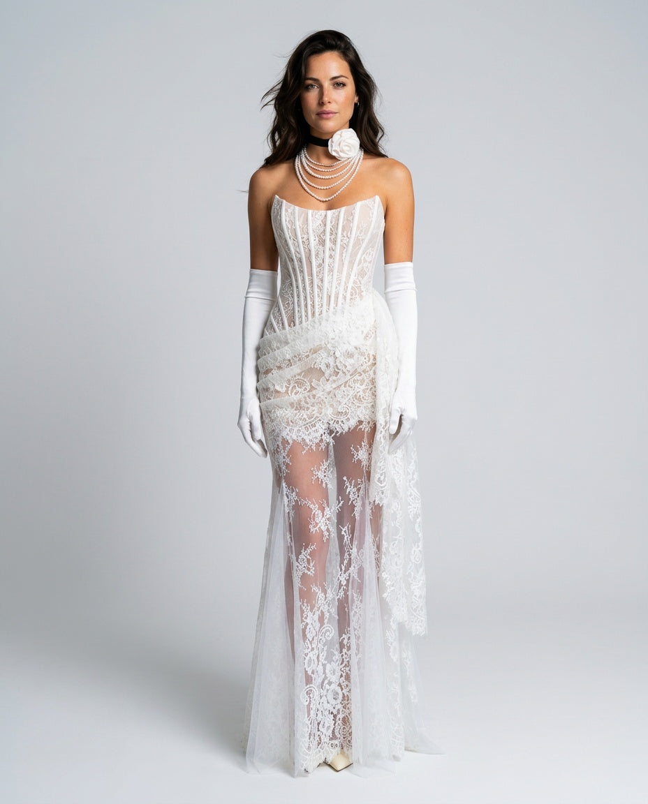 Célène | Lace Corset Strapless Mini Dress & Maxi Skirt Set