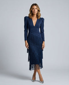 Brigitte | Fringe V-Neck Long Sleeve Midi Dress