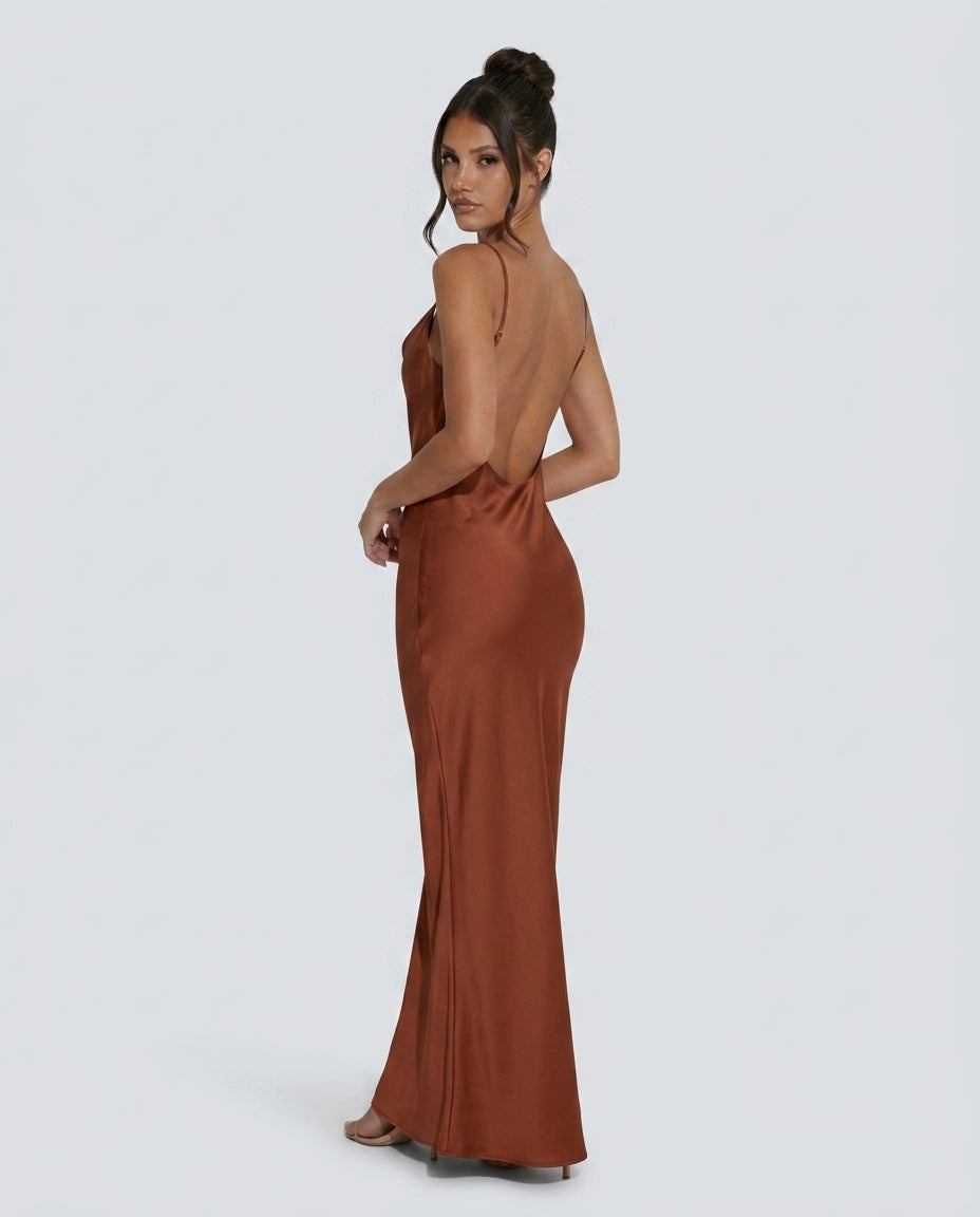 Ines | Waterfall Neckline Satin-Look Maxi Dress