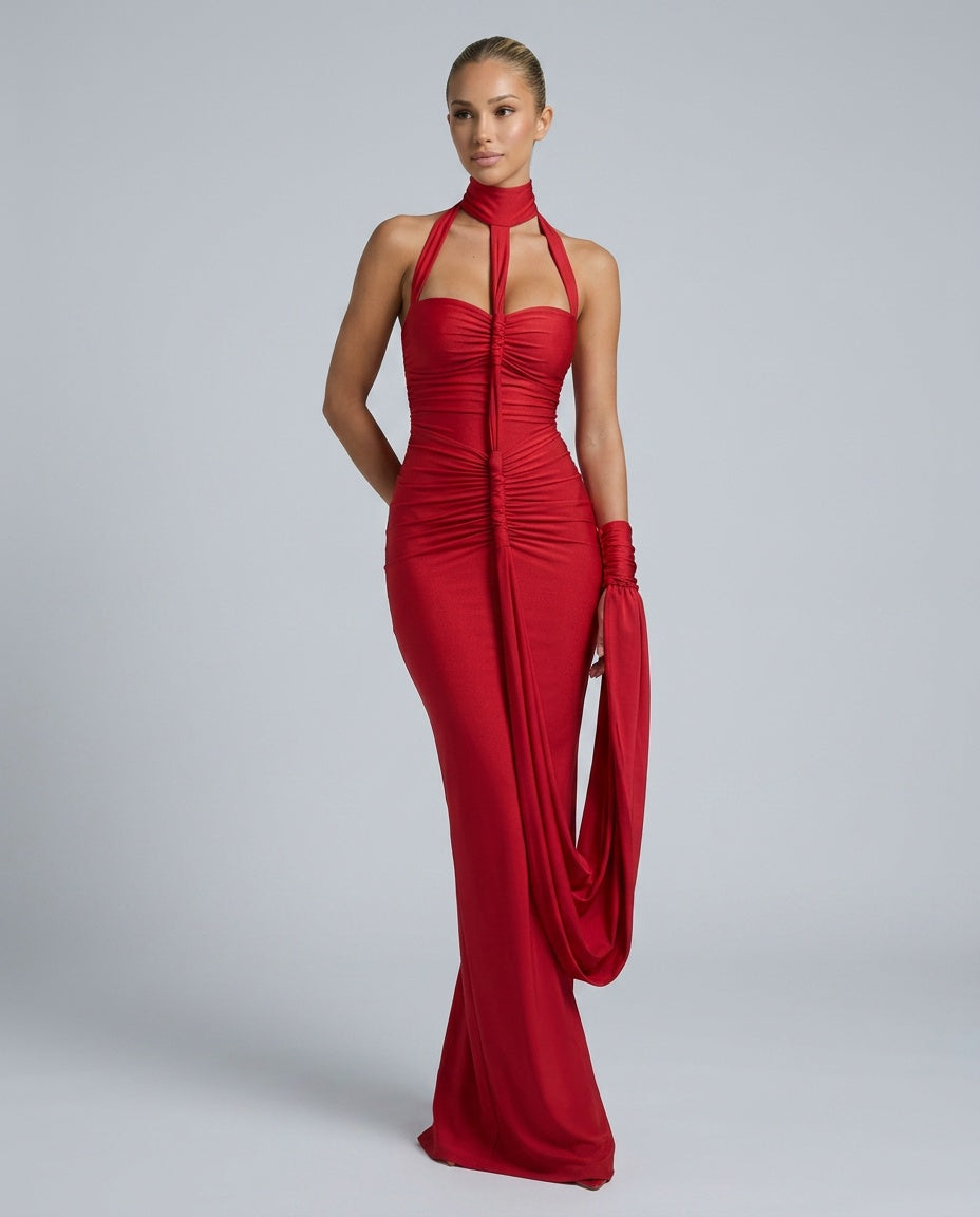 Una | Halter Neck Gathered Maxi Dress