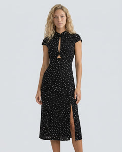 Noor | Mandarin Collar Polka Dot Midi Dress