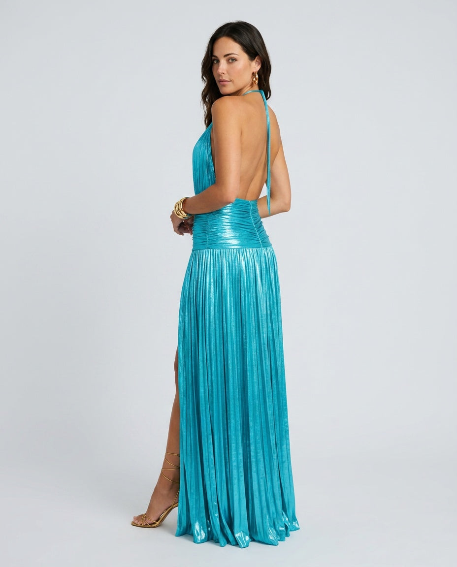 Esme | Pleated Halter Neck Open Back Maxi Dress