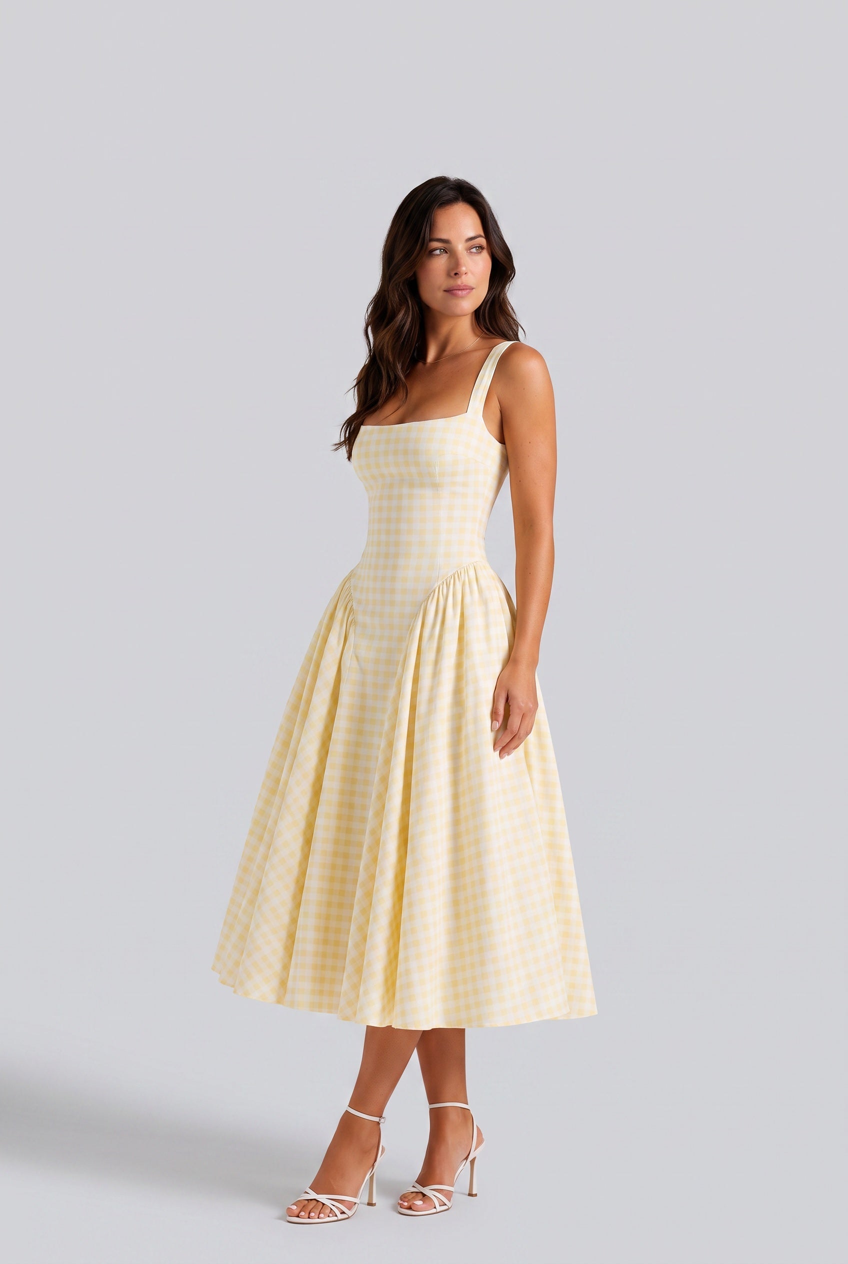Verity | Sculpted Waist Full Skirt Gingham Midi Dress
