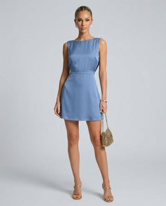 Celeste | Boat Neck Pearl Detail Satin Mini Dress
