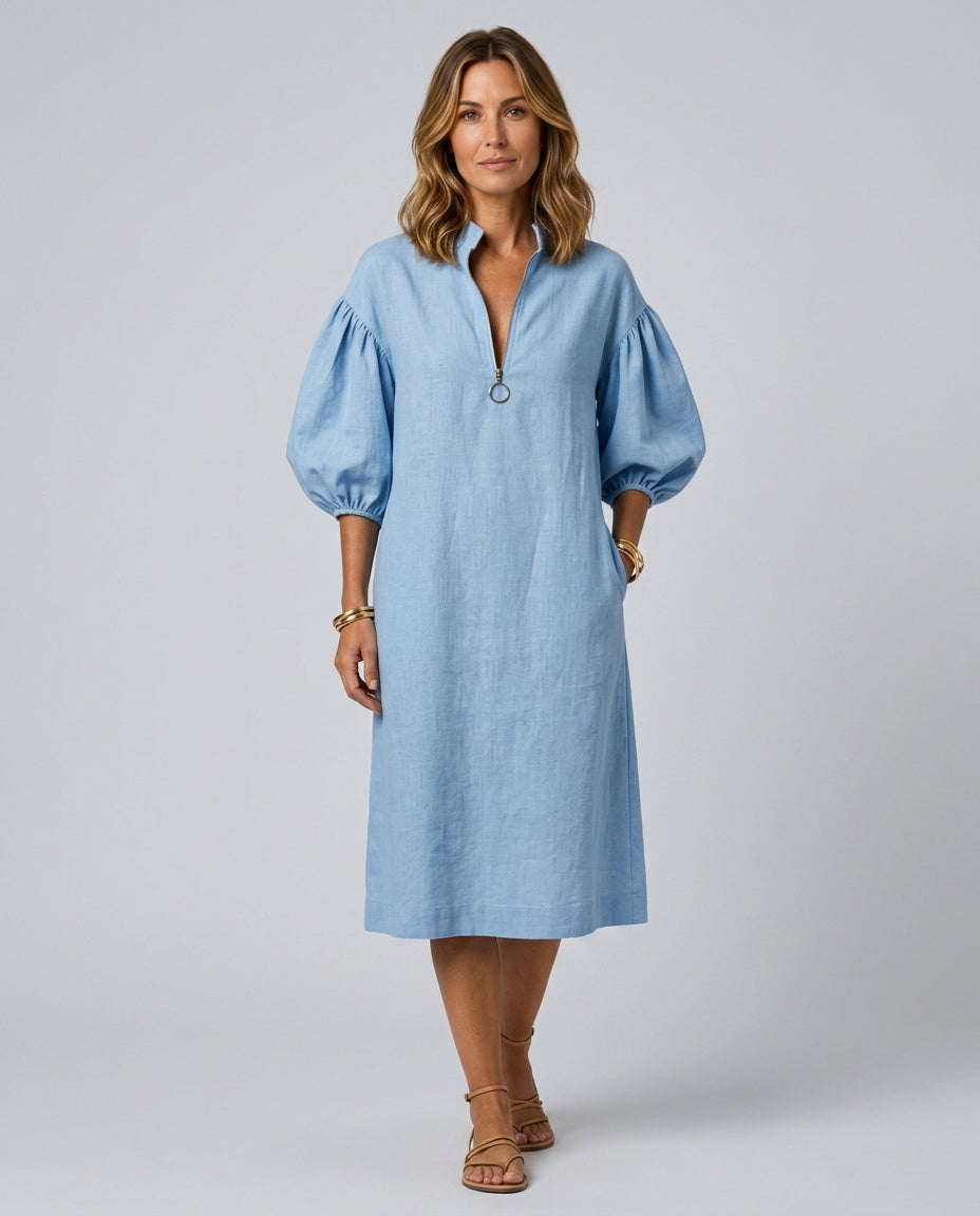Astrid | Puff Sleeve High Neck Midi Dress