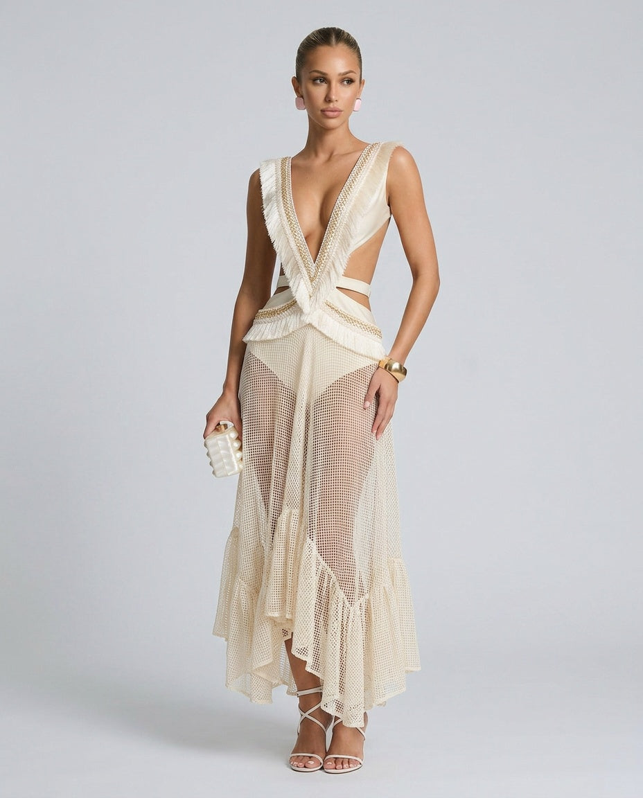 Tessa | Tassel Cut-Out Lace Midi Skirt Set