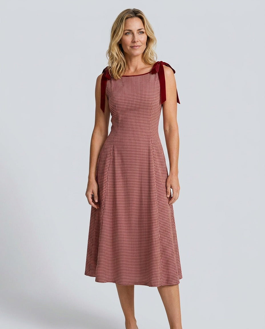 Harlow | Red Gingham Tie Strap A-Line Midi Dress