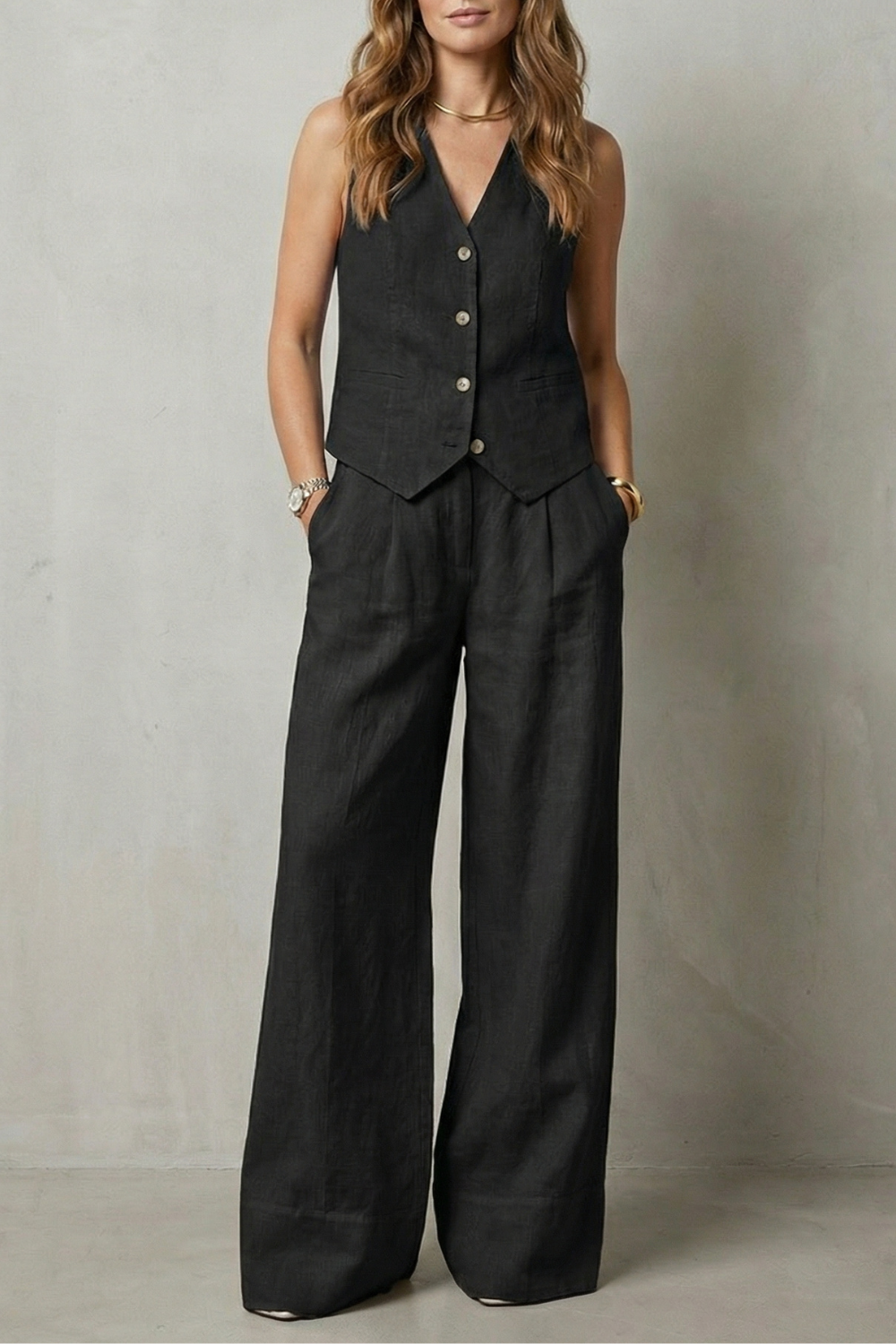 Linéaura | Sleeveless Tailored Vest & Wide-Leg Trouser Set