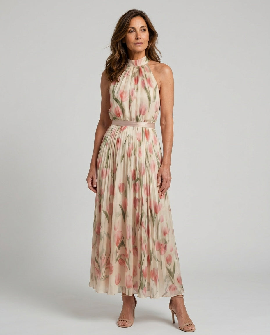 Aurelle | Halter Neck Floral Midi Dress
