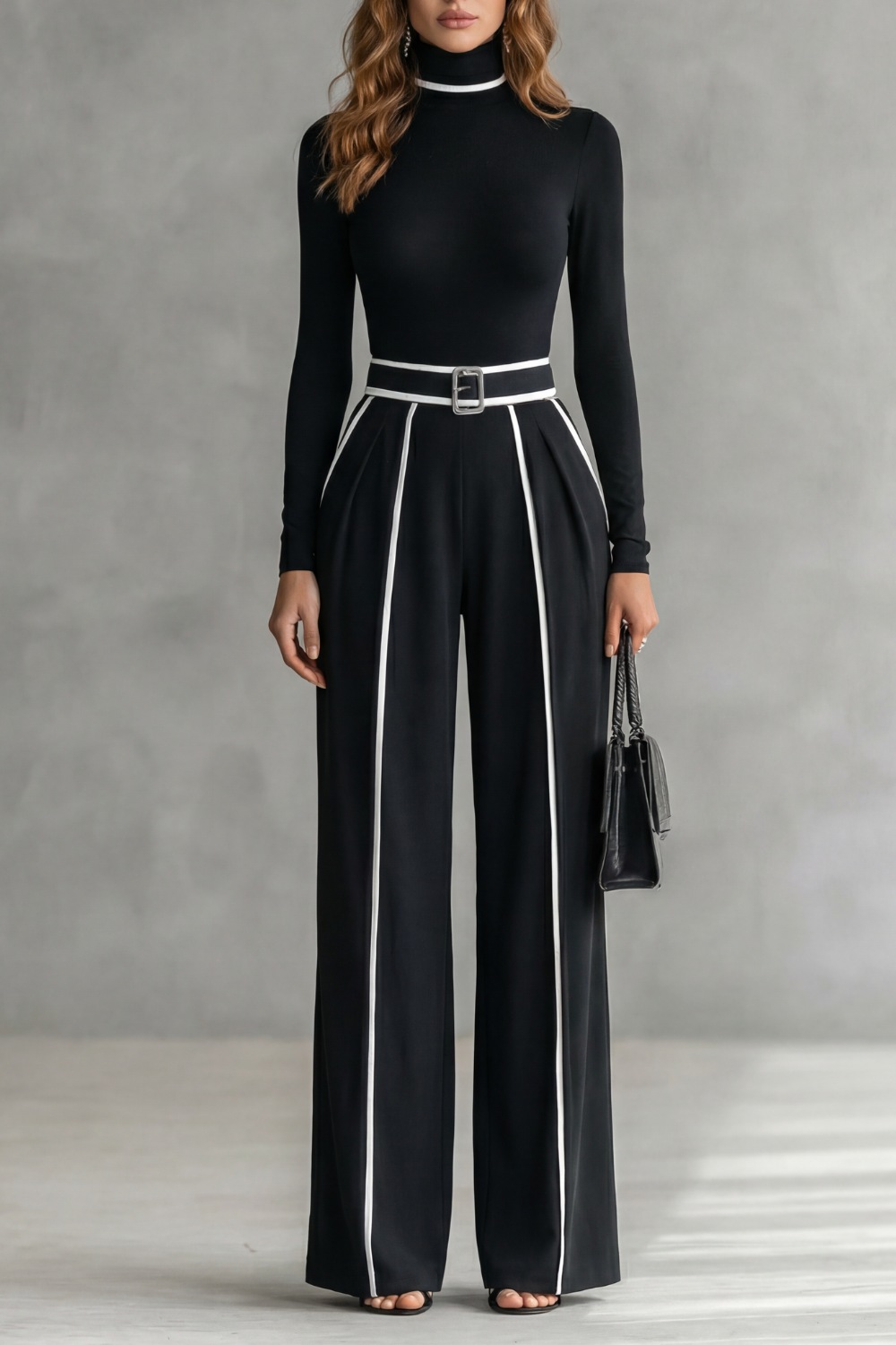 Lunivelle | Contrast Piping High-Neck Long Sleeve Jumpsuit