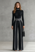 Lunivelle | Contrast Piping High-Neck Long Sleeve Jumpsuit