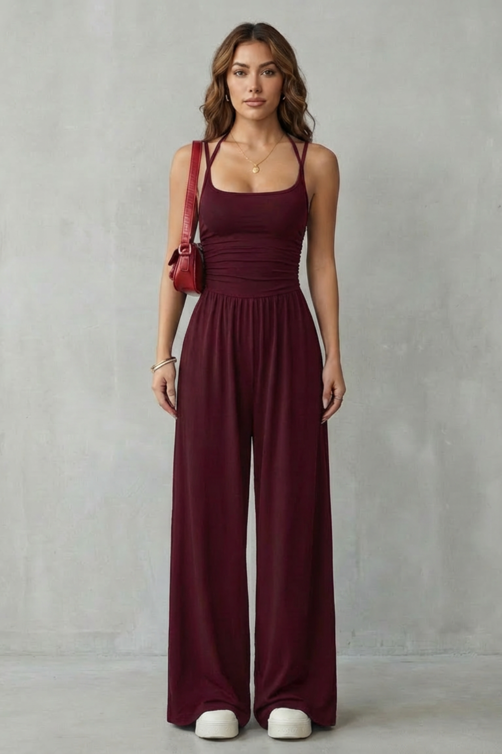 Lunarra | Double Strap Ruched Wide-Leg Jumpsuit