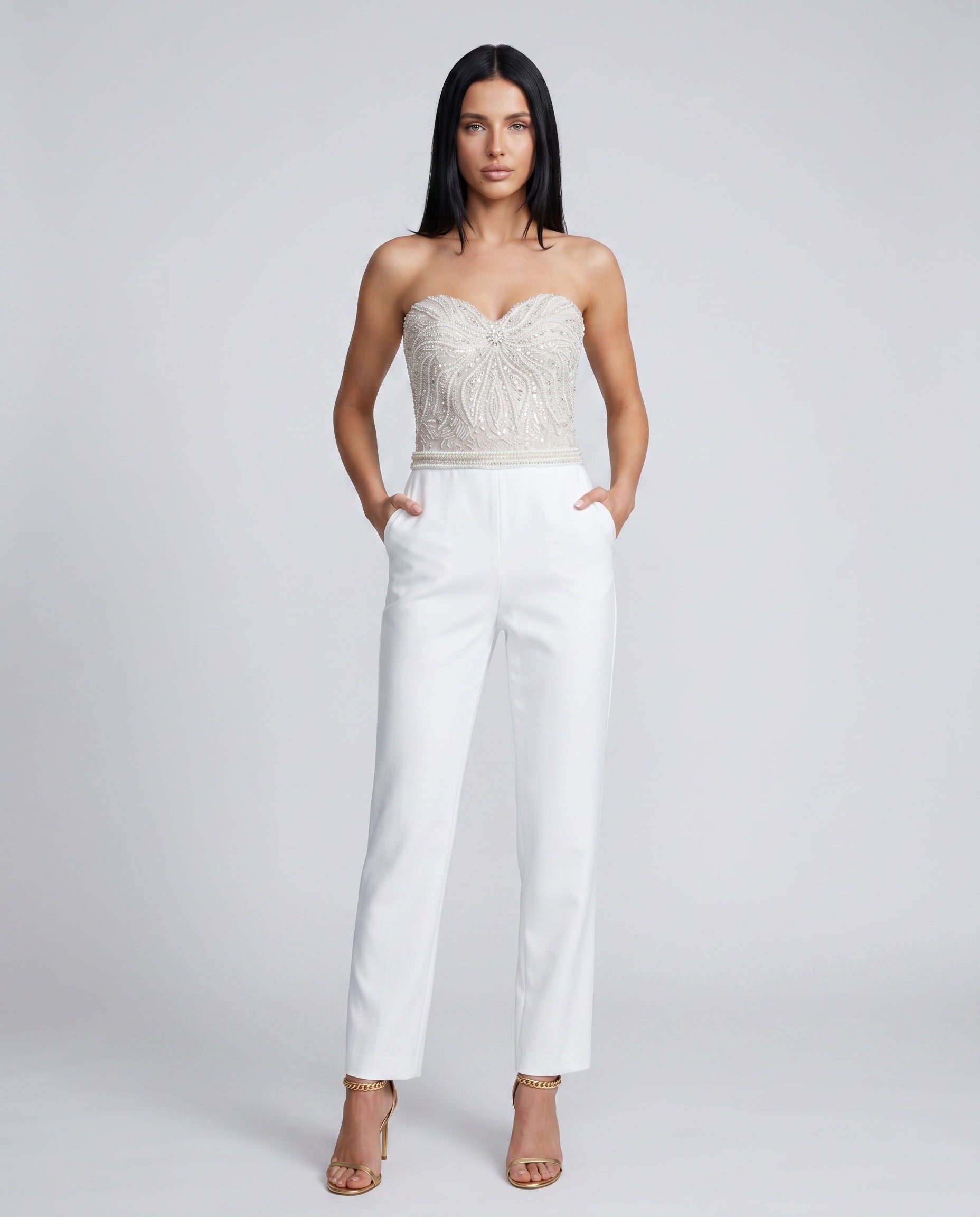 Selène | Strapless Sequin Bodice Straight Leg Jumpsuit