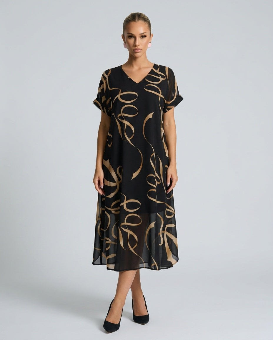 Tessa | V-Neck Bat-Sleeve Bow Print Midi Dress