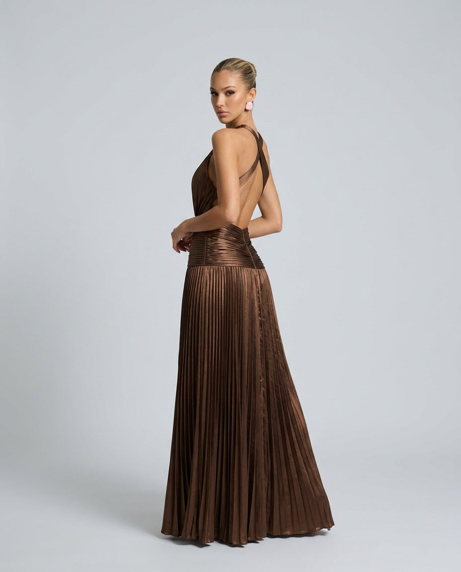 Esme | Pleated Halter Neck Open Back Maxi Dress